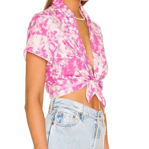 NWT For Love And Lemons $217  Pink and White Cuffed Sleeve Crop Top size M - Picture 2 of 6